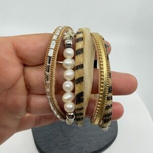 Multi Strand Wrap Bracelet Faux Pearl Rhinestone Animal Print Bohemian Gift
